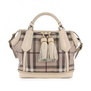 Burberry Eller Large Leather & Coated Smocked Check Canvas Tassel Handbag Tan